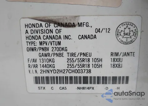 2012 Acura Mdx from USA, damaged, VIN 2HNYD2H27CH003738